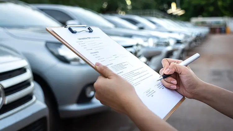 Asiakkaan käsi allekirjoittamassa myyntisopimusta autoliikkeen parkkipaikalla